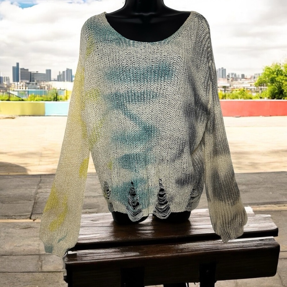 POL PTP 28 L 24 Blue and Cream Oversized Crew Neck Sweater Very Lightweight - Picture 3 of 7